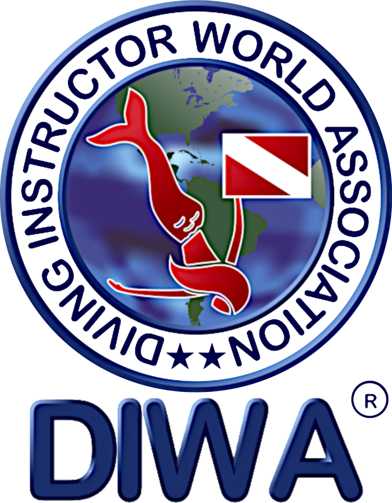 Logo der DIWA (Diving Instructor World Association) mit einem Tauchsymbol und Globen.
