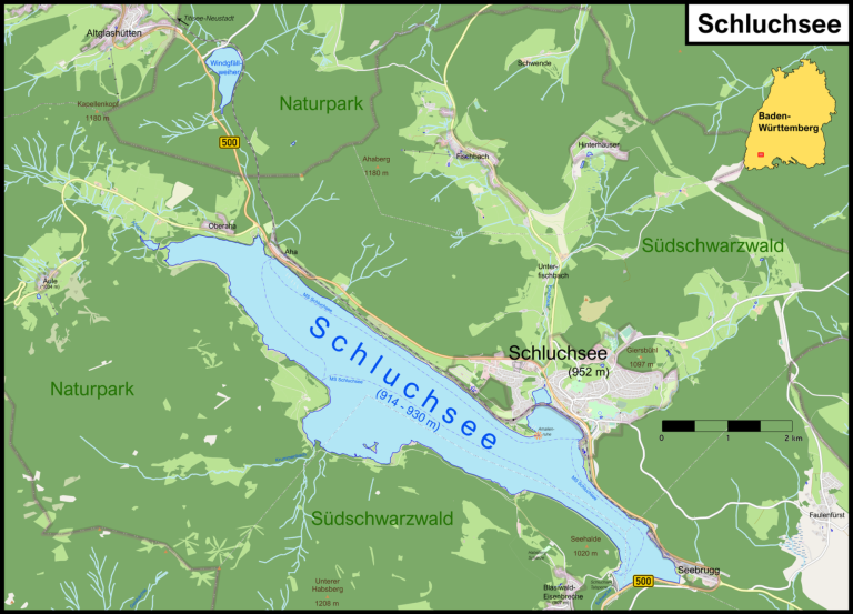 Kartenansicht des Schluchsees mit umliegenden Orten und Landschaftsdetails.